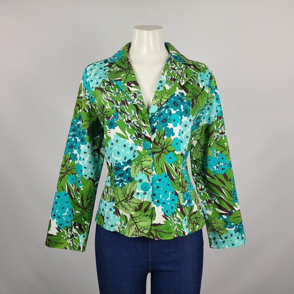 Vintage Joanna Cotton Blue & Green Flower Print Blazer Size M